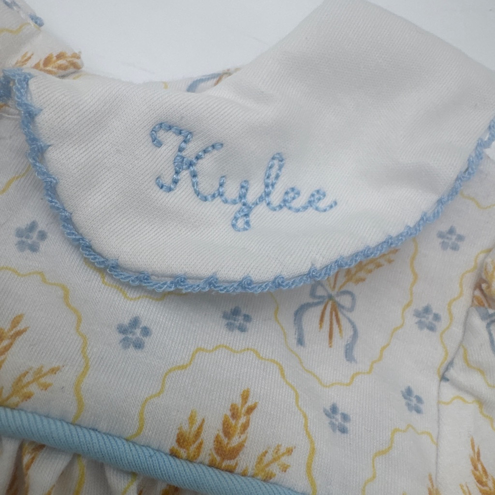 KYLEE Monogrammed Shrimp & Grits Romper 12 Months White Blue Wheat Print